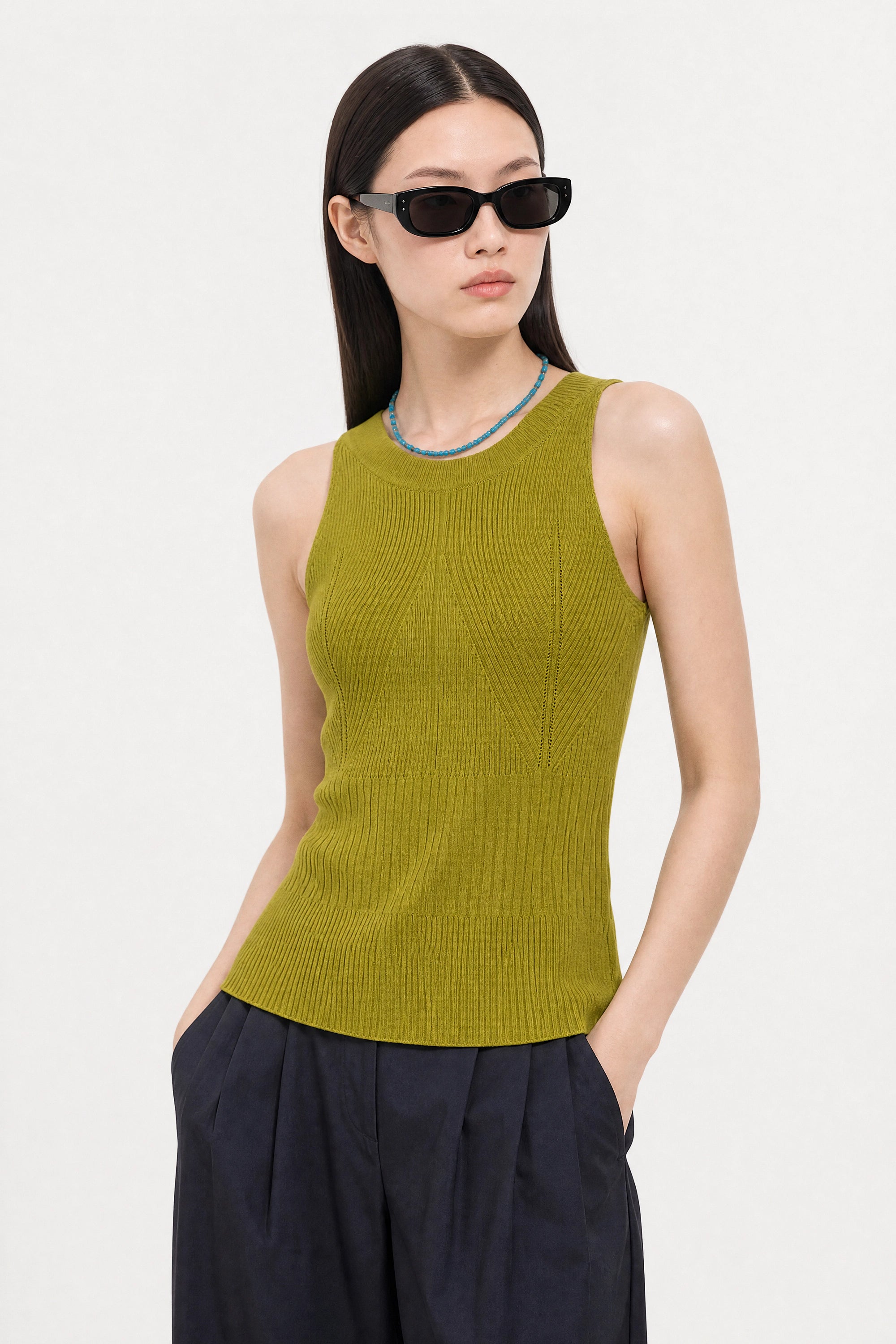 Olive green thin ribbed halter neck knit tank_2