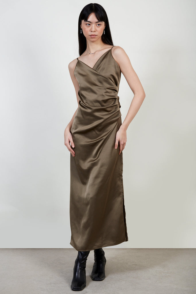 Olive green silky side gathered dress_1
