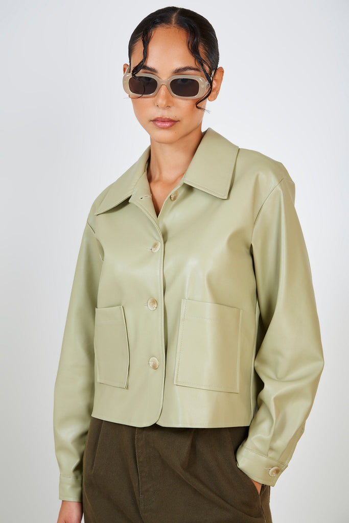 Olive green vegan leather button up jacket_1