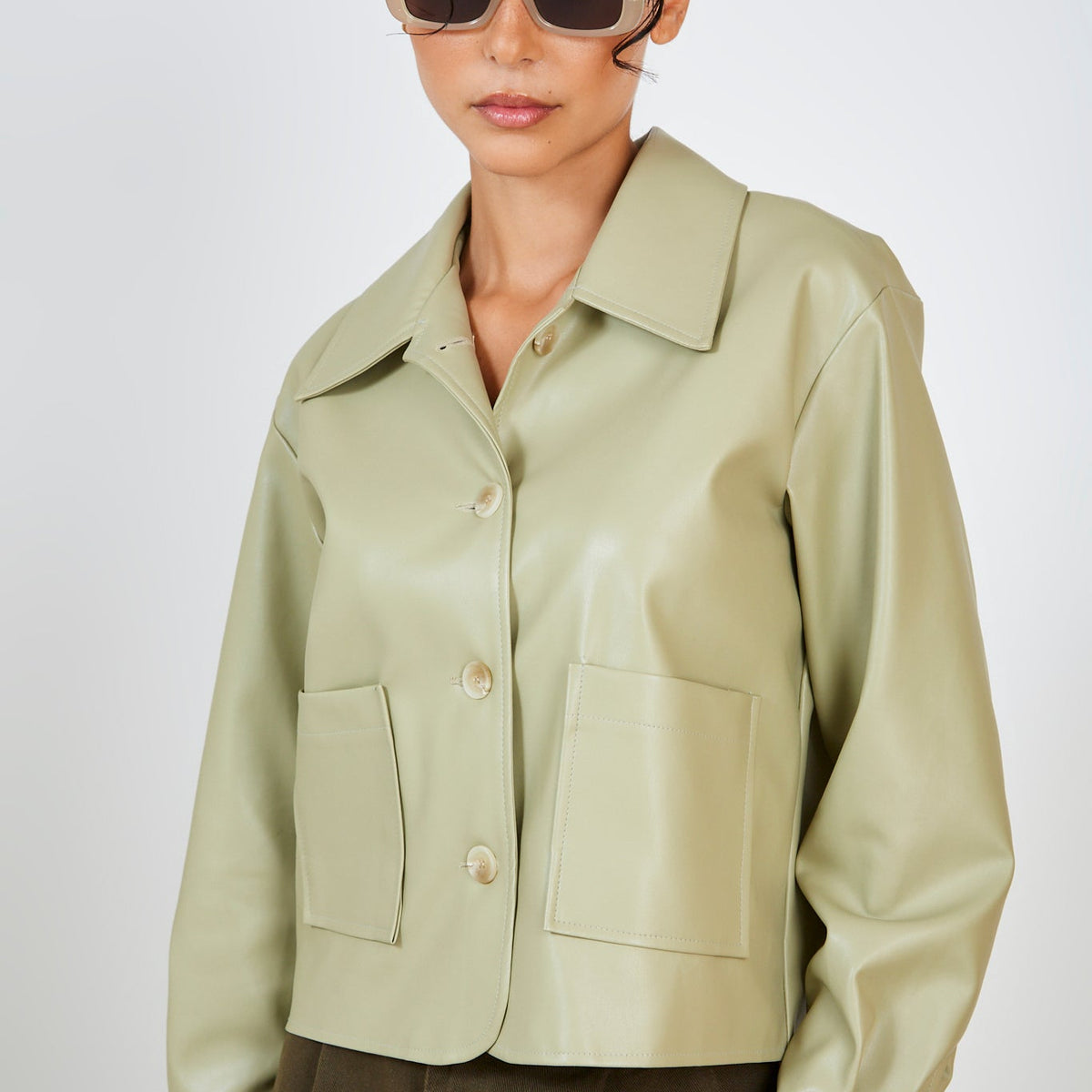 Olive green vegan leather button up jacket | Glassworks London