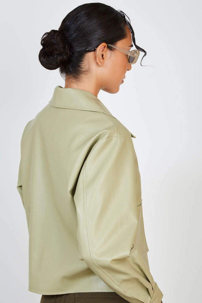Olive green vegan leather button up jacket_2