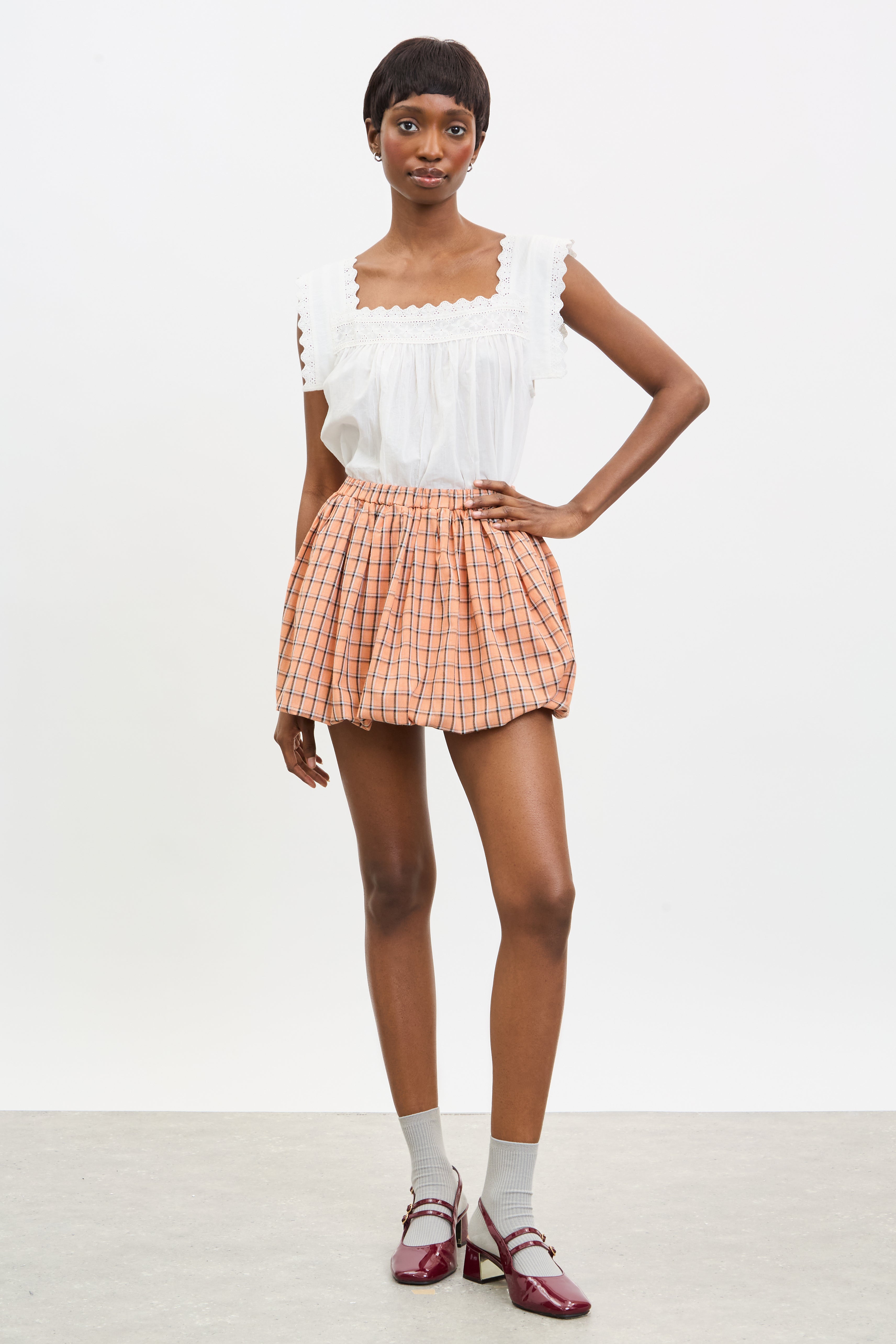 Orange black and ivory large check bubble skirt_4