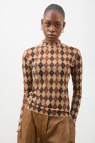 Orange brown and caramel argyle sheer long sleeve top_1