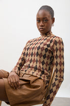 Orange brown and caramel argyle sheer long sleeve top_5