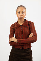 Orange plaid ribbed button up top_1