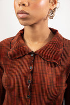 Orange plaid ribbed button up top_3