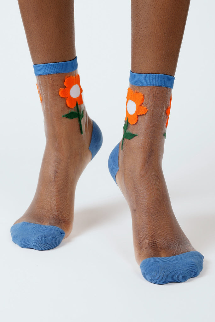 Orange sheer giant daisy cobalt trim socks_2