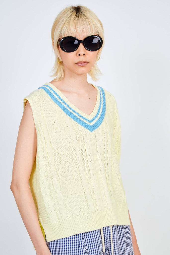 Pale yellow and bright blue varsity trim sweater vest_1