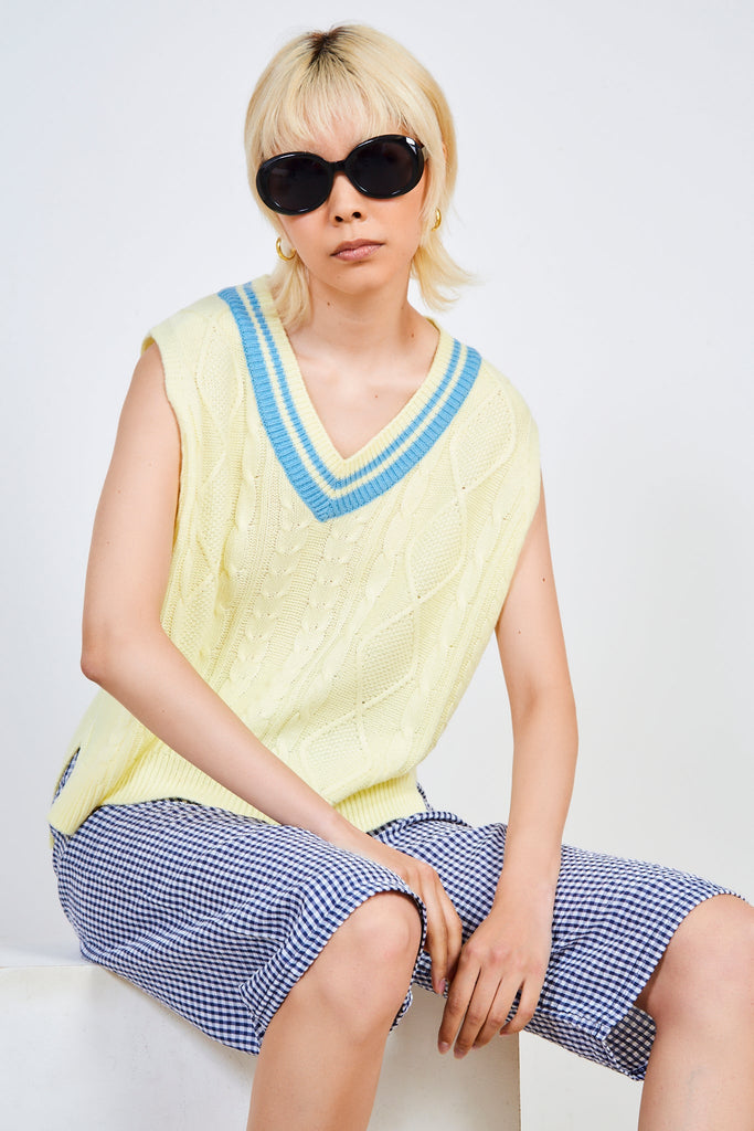 Pale yellow and bright blue varsity trim sweater vest_5