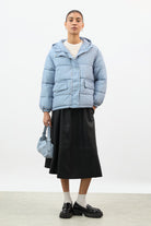 Pale blue and ivory gingham hooded puffer coat_5