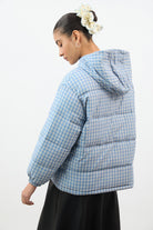 Pale blue and ivory gingham hooded puffer coat_3