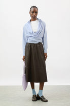 Pale blue linen plunging tie front shirt_5