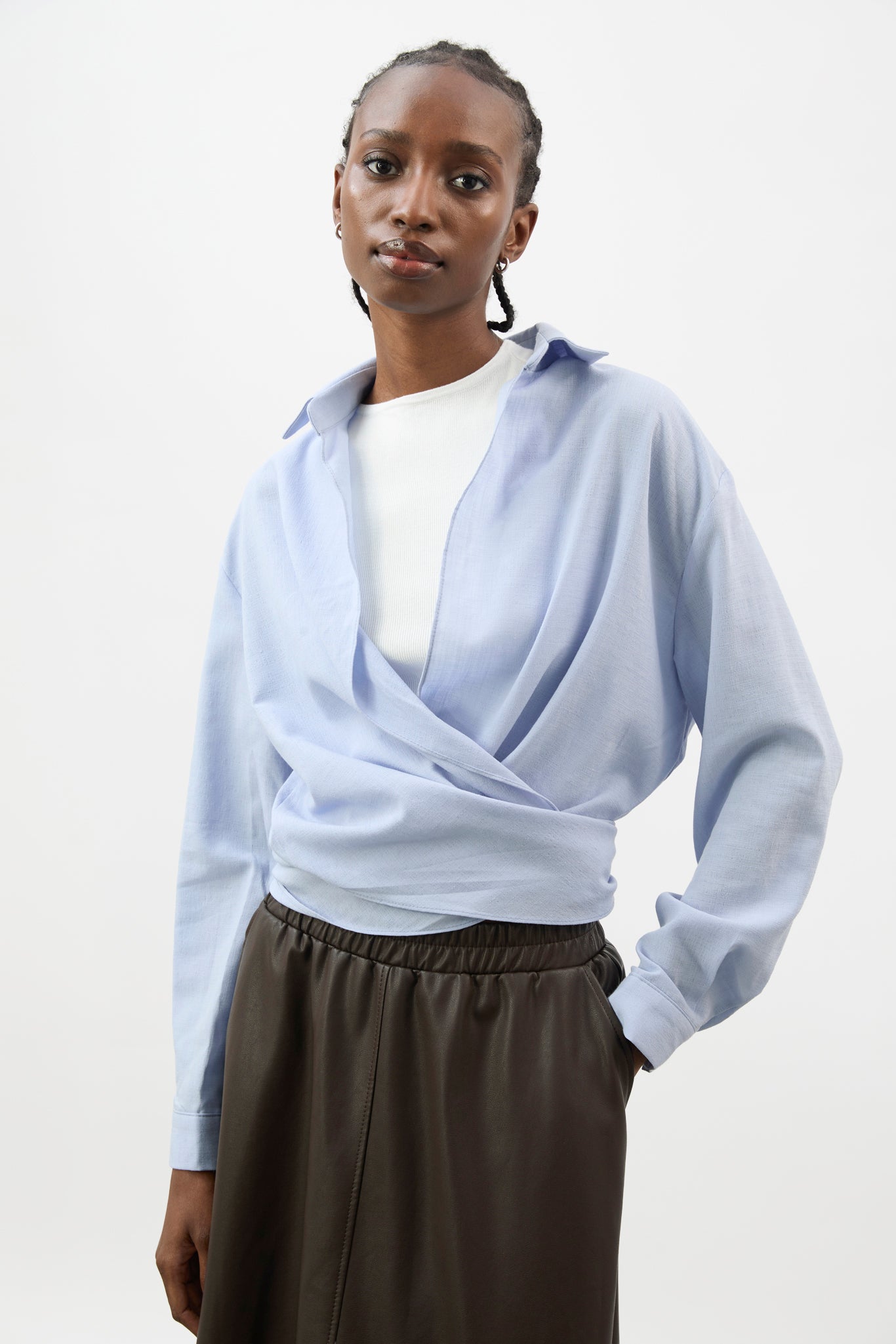 Pale blue linen plunging tie front shirt_1