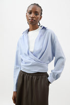 Pale blue linen plunging tie front shirt_1