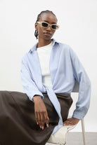 Pale blue linen plunging tie front shirt_6