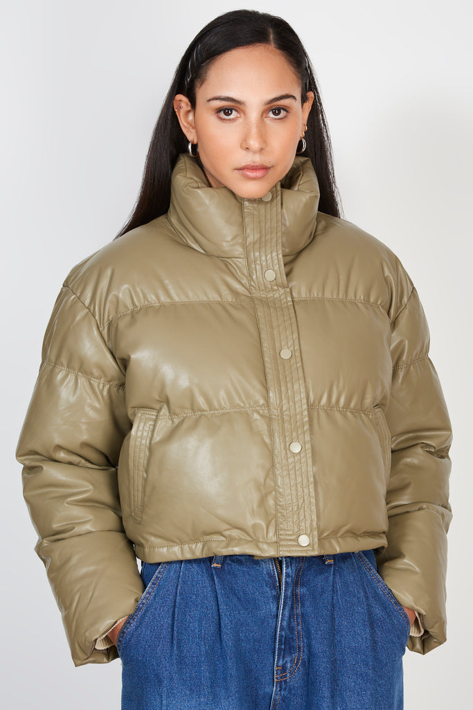 Pale khaki vegan leather puffer jacket_1