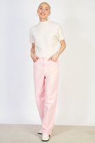 Pale pink adjustable waist double button jeans_4