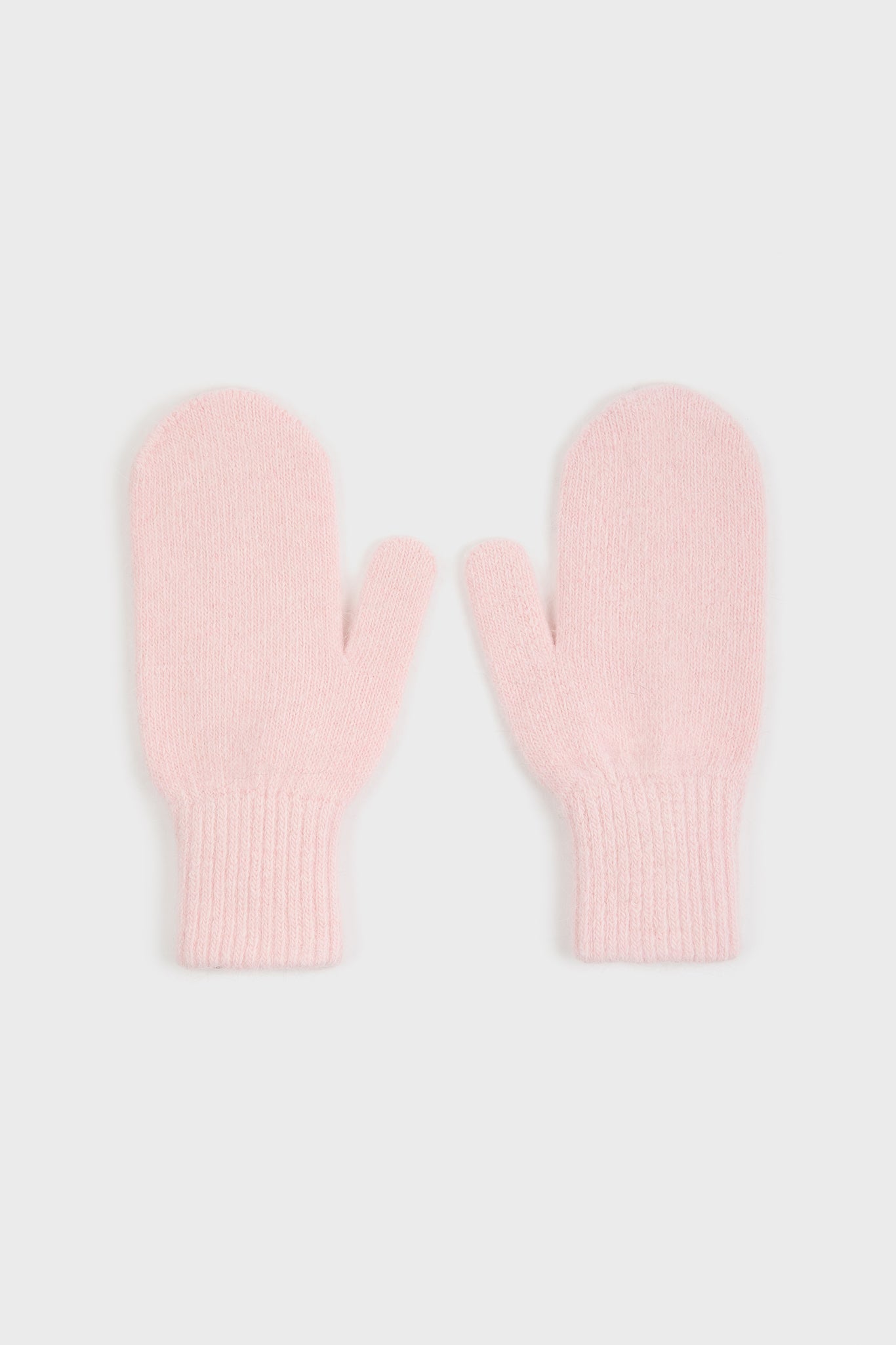Pale pink mohair beanie, mittens and wool scarf set