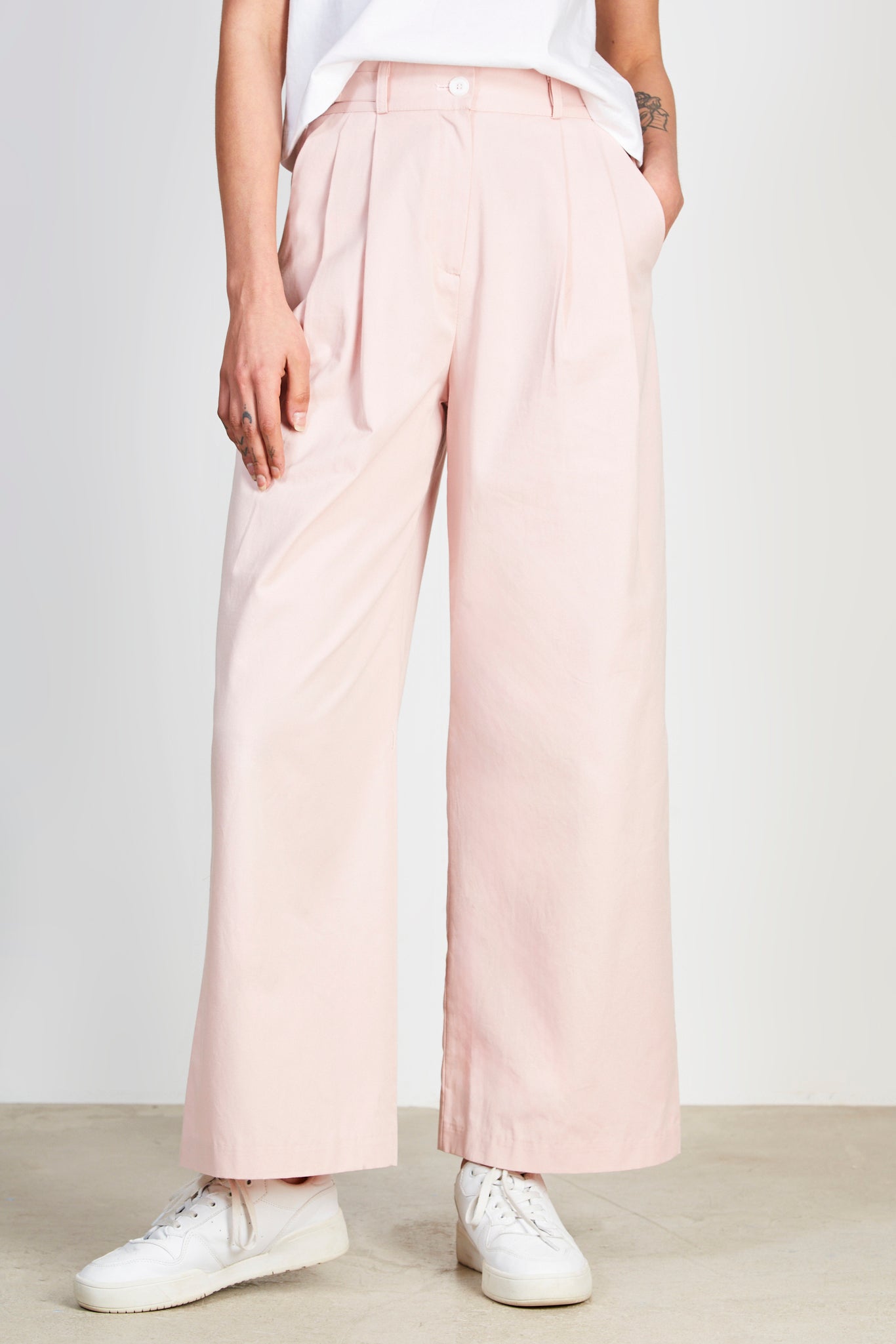 Pale pink cotton twill side cinch trousers