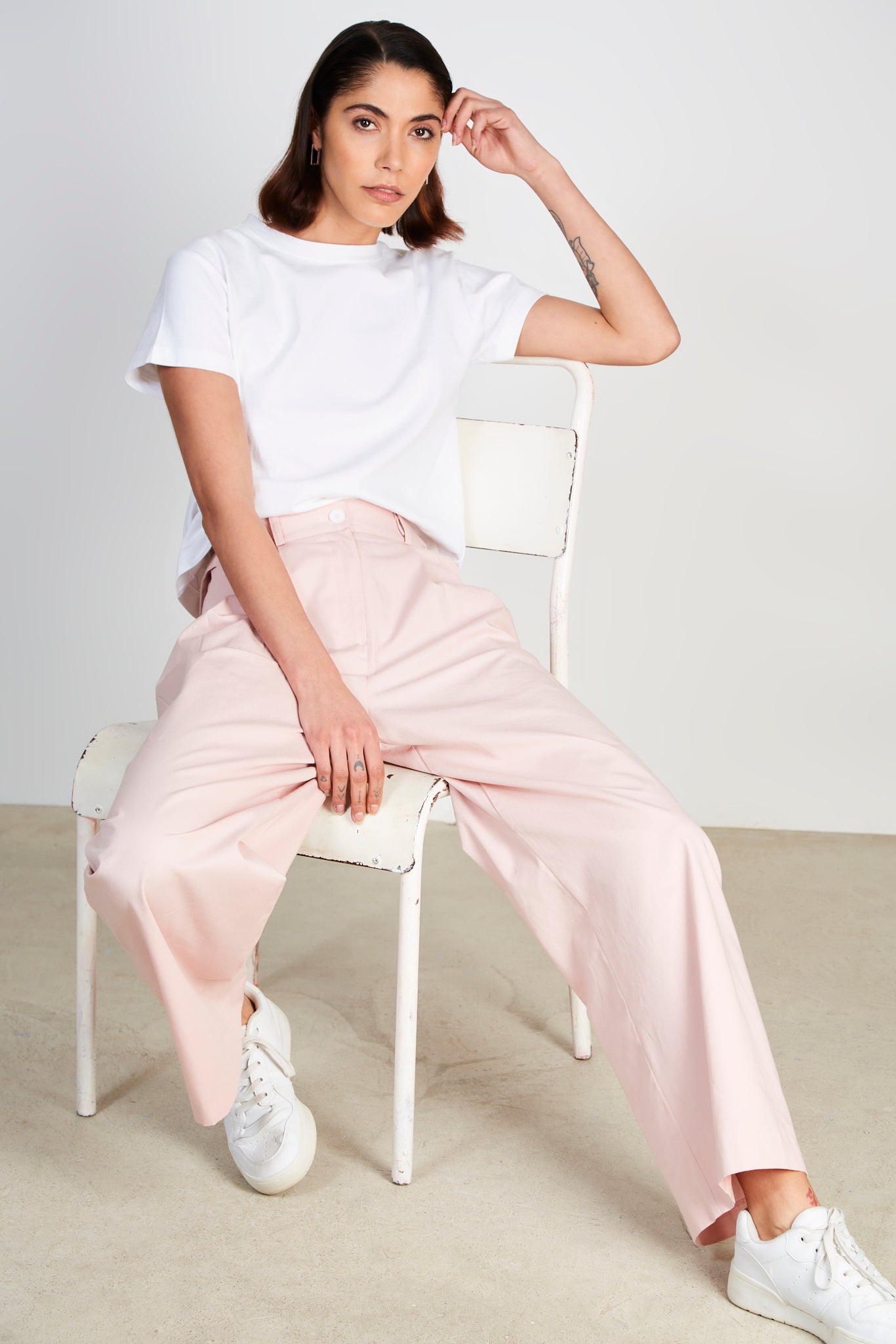 Pale pink cotton twill side cinch trousers