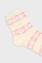 Pale pink daisy gingham striped socks_4