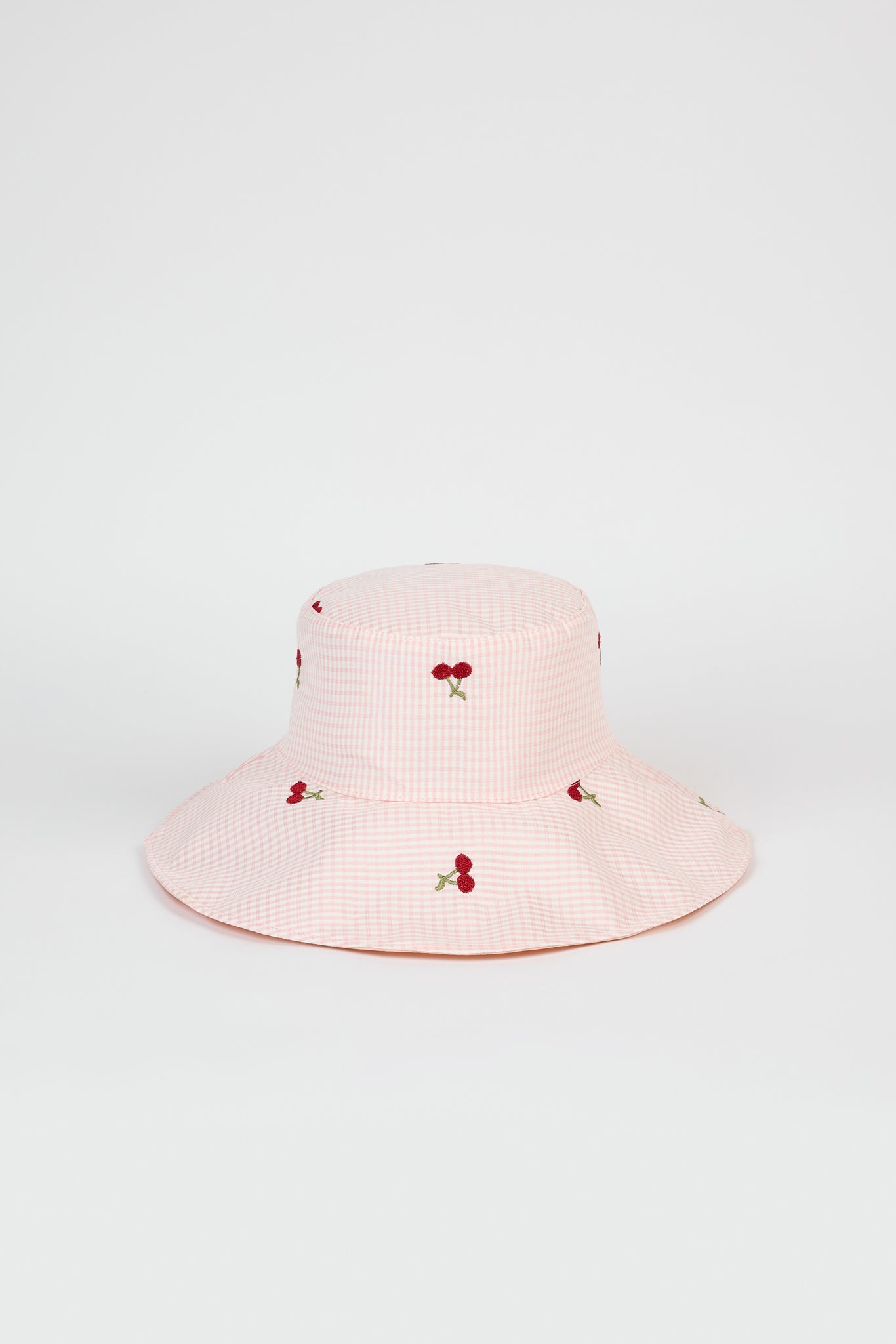 Pale pink gingham embroidered cherry reversible sun hat_1
