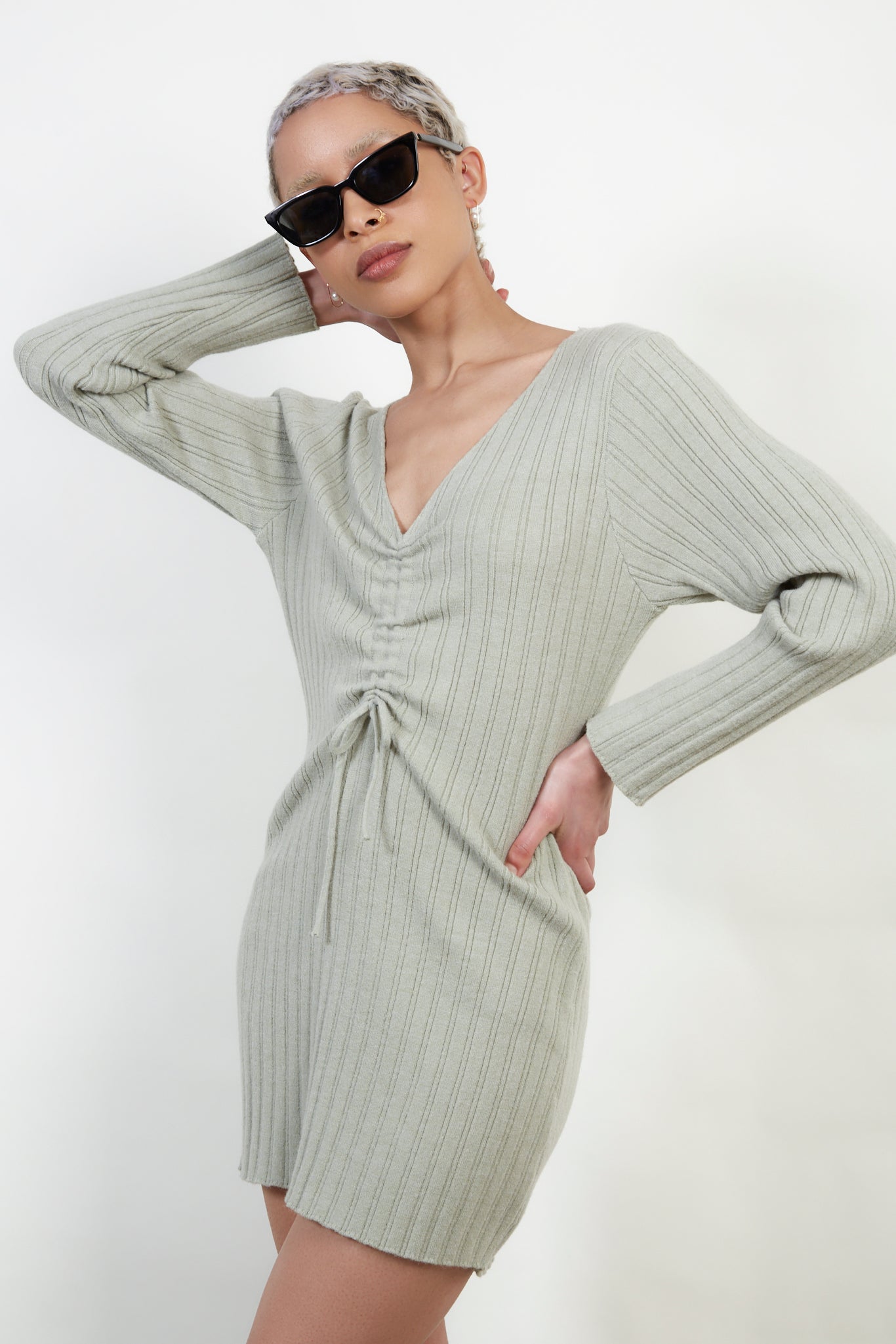 Pale green ribbed pull front knit mini dress_1