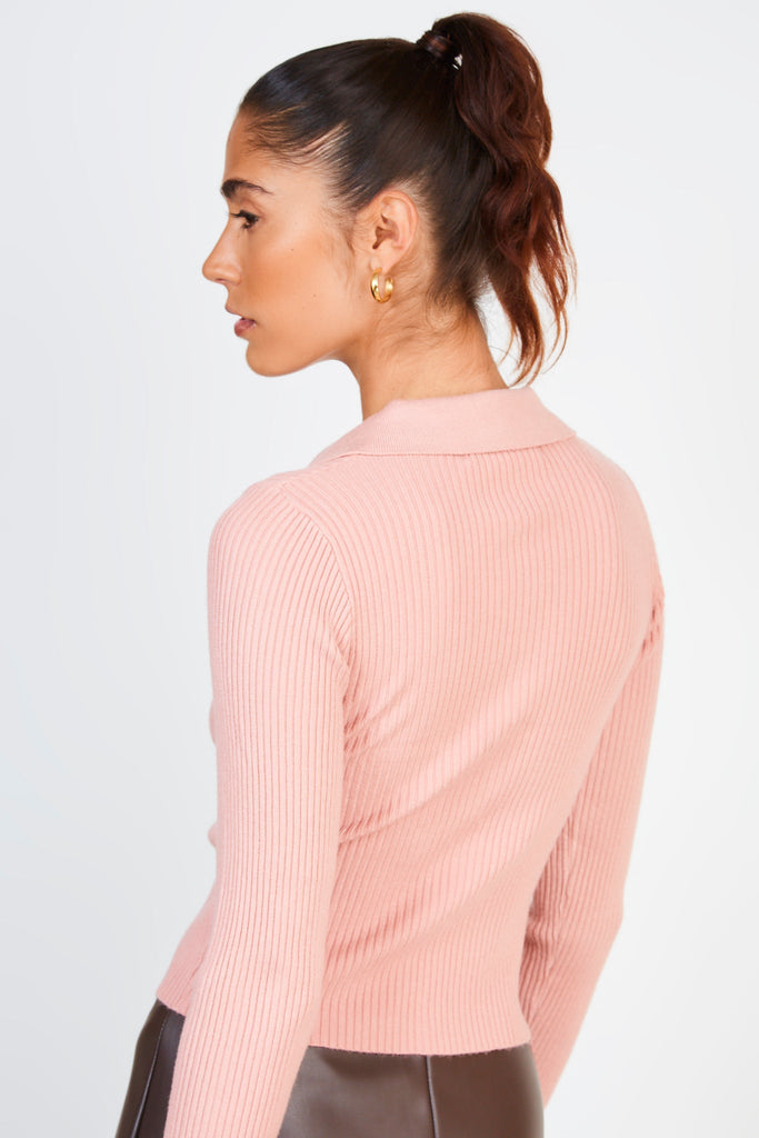 Pale pink double zip ribbed knit top_2