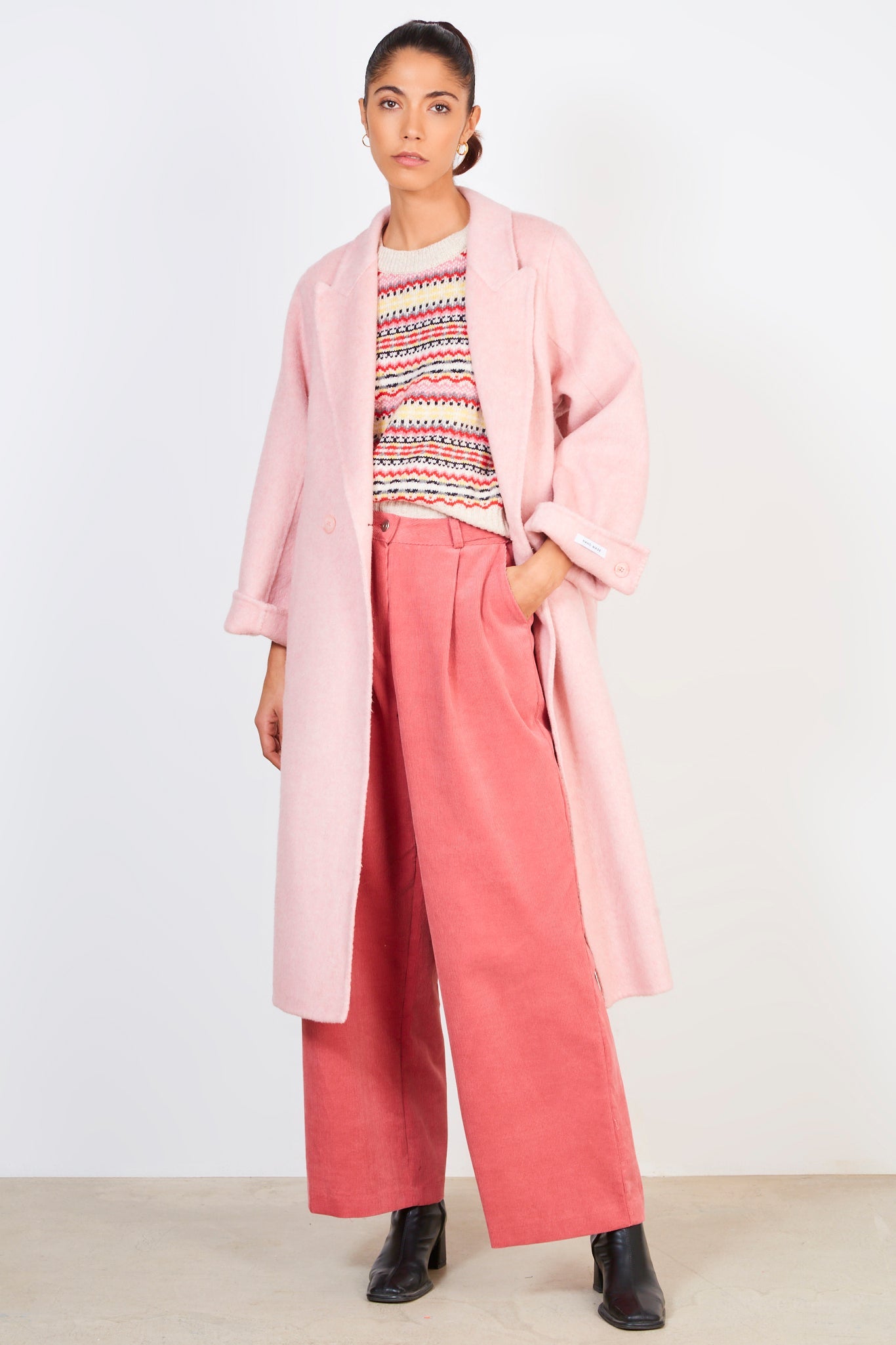 Pale pink wool blend double button belted coat_3