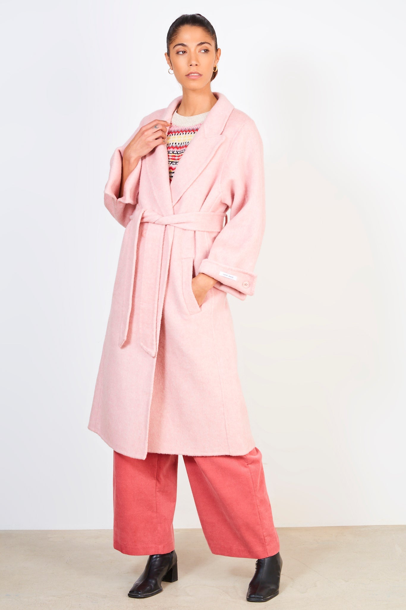 Pale pink wool blend double button belted coat_1