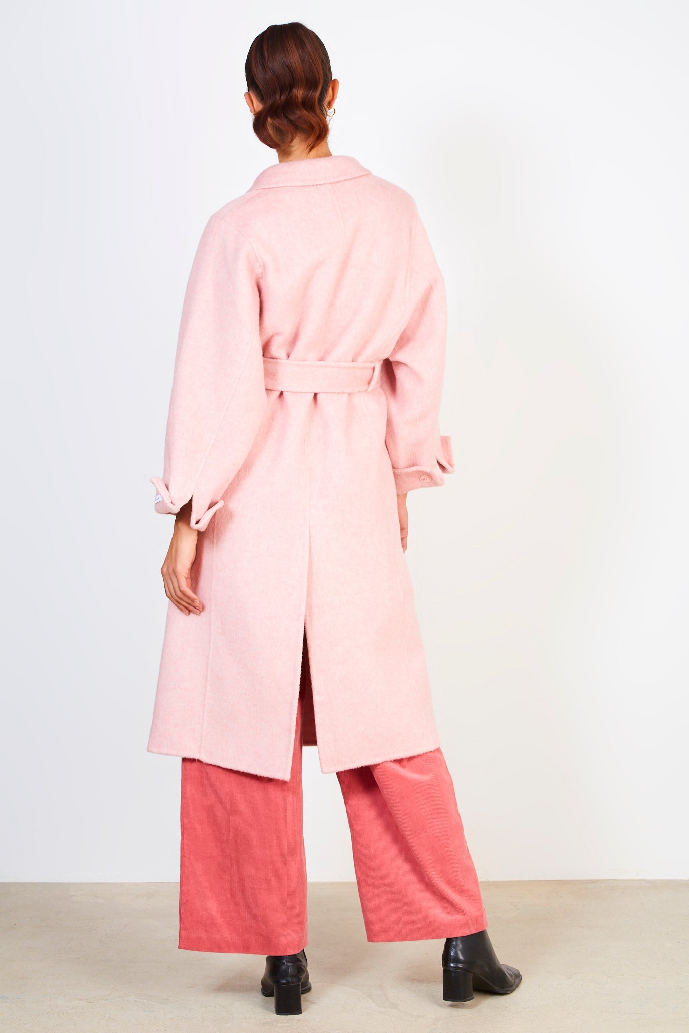 Pale pink wool blend double button belted coat_2