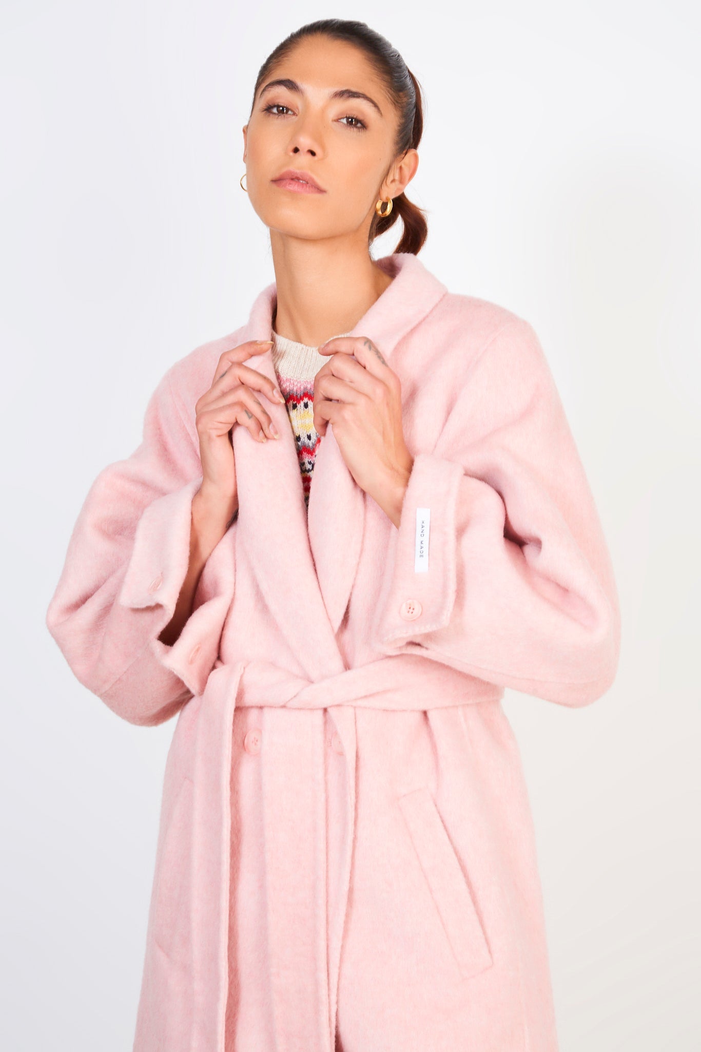 Pale pink wool blend double button belted coat_5