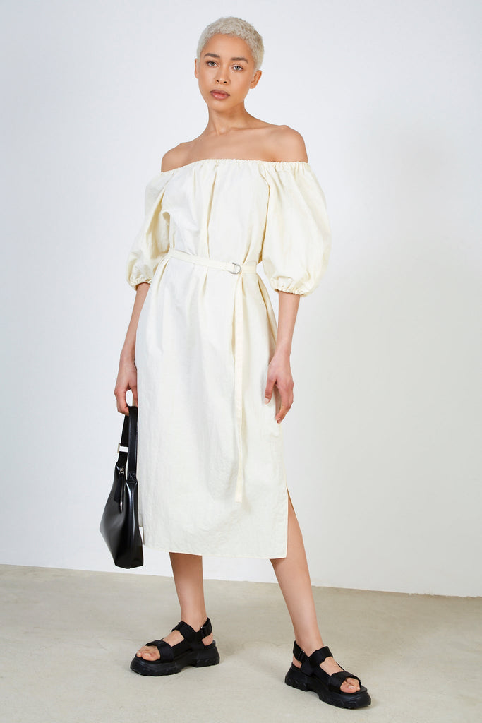 Pale yellow puff sleeve belted off shoulder dress_1