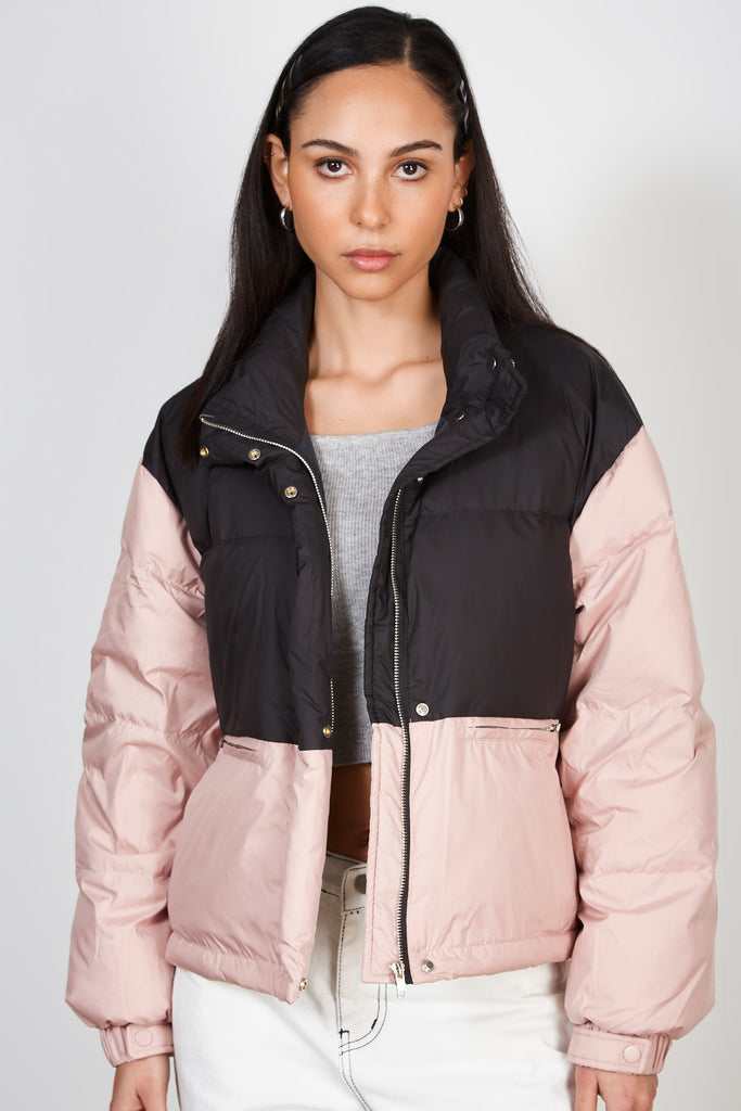 Pink and black colour block duck down puffer coat_3