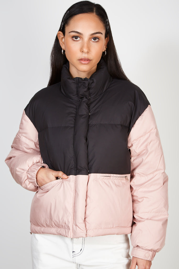 Pink and black colour block duck down puffer coat_1