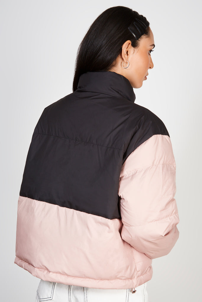 Pink and black colour block duck down puffer coat_2