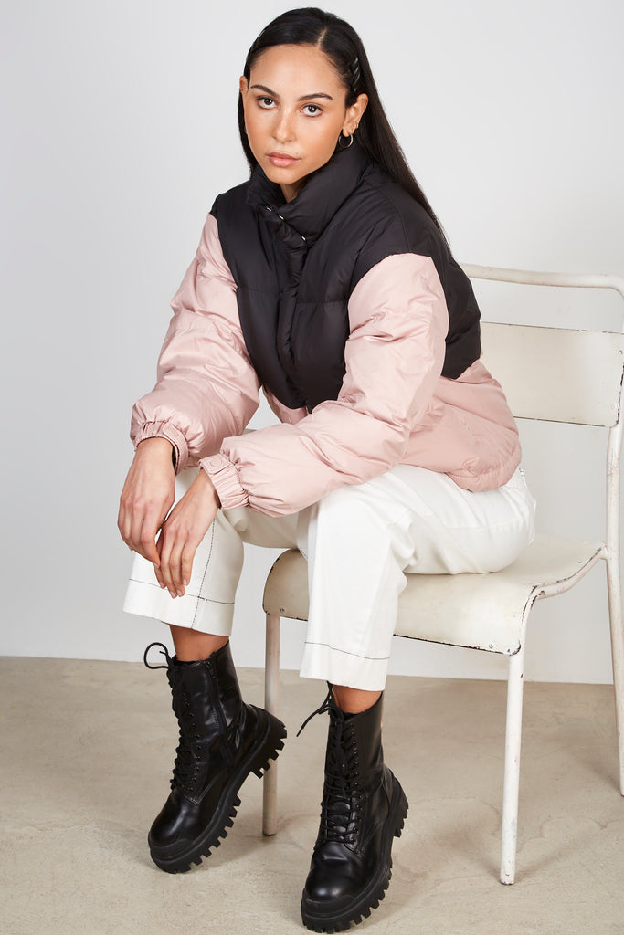 Pink and black colour block duck down puffer coat_6