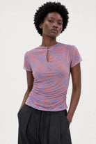 Pink and blue diagonal checked sheer top_1