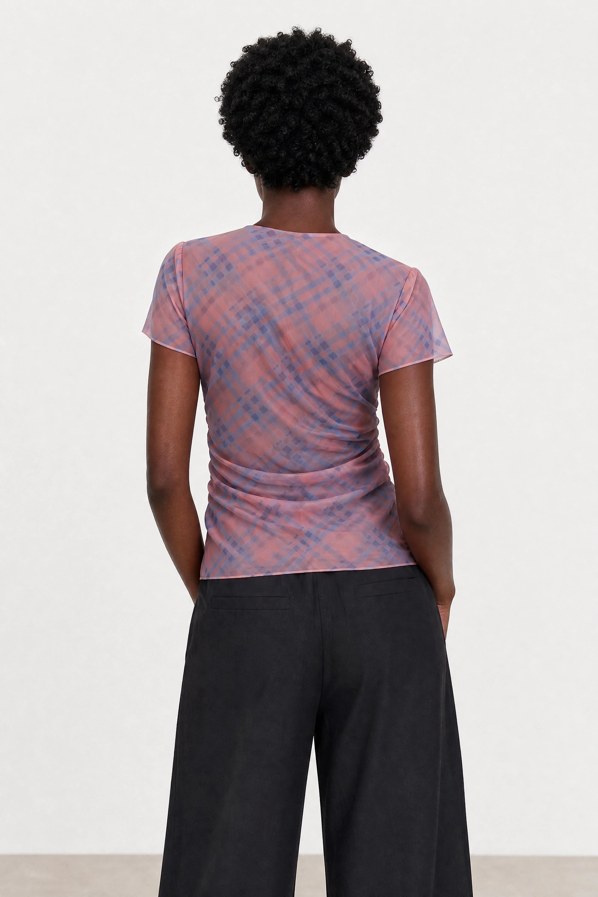 Pink and blue diagonal checked sheer top_2