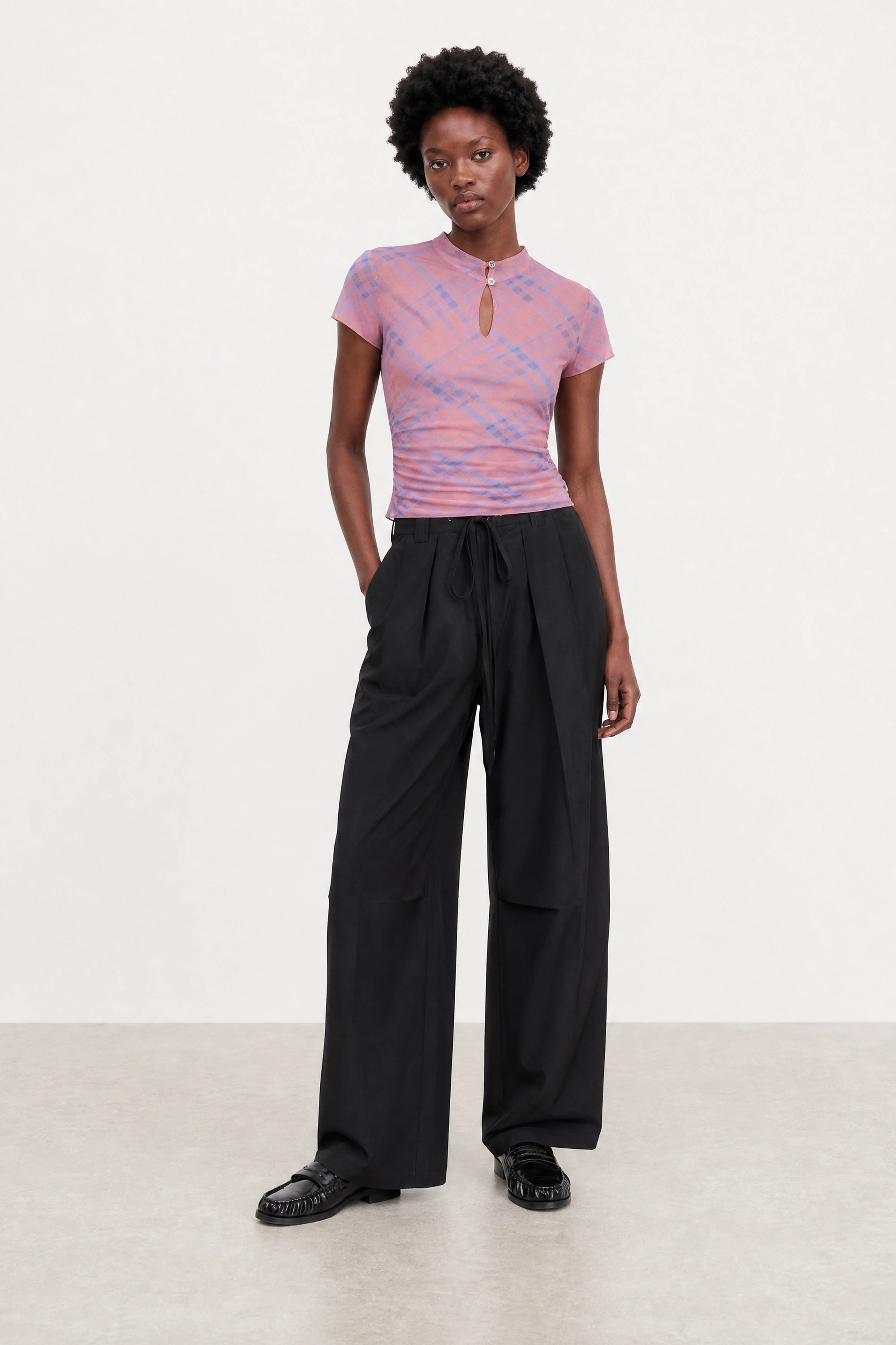 Pink and blue diagonal checked sheer top_4