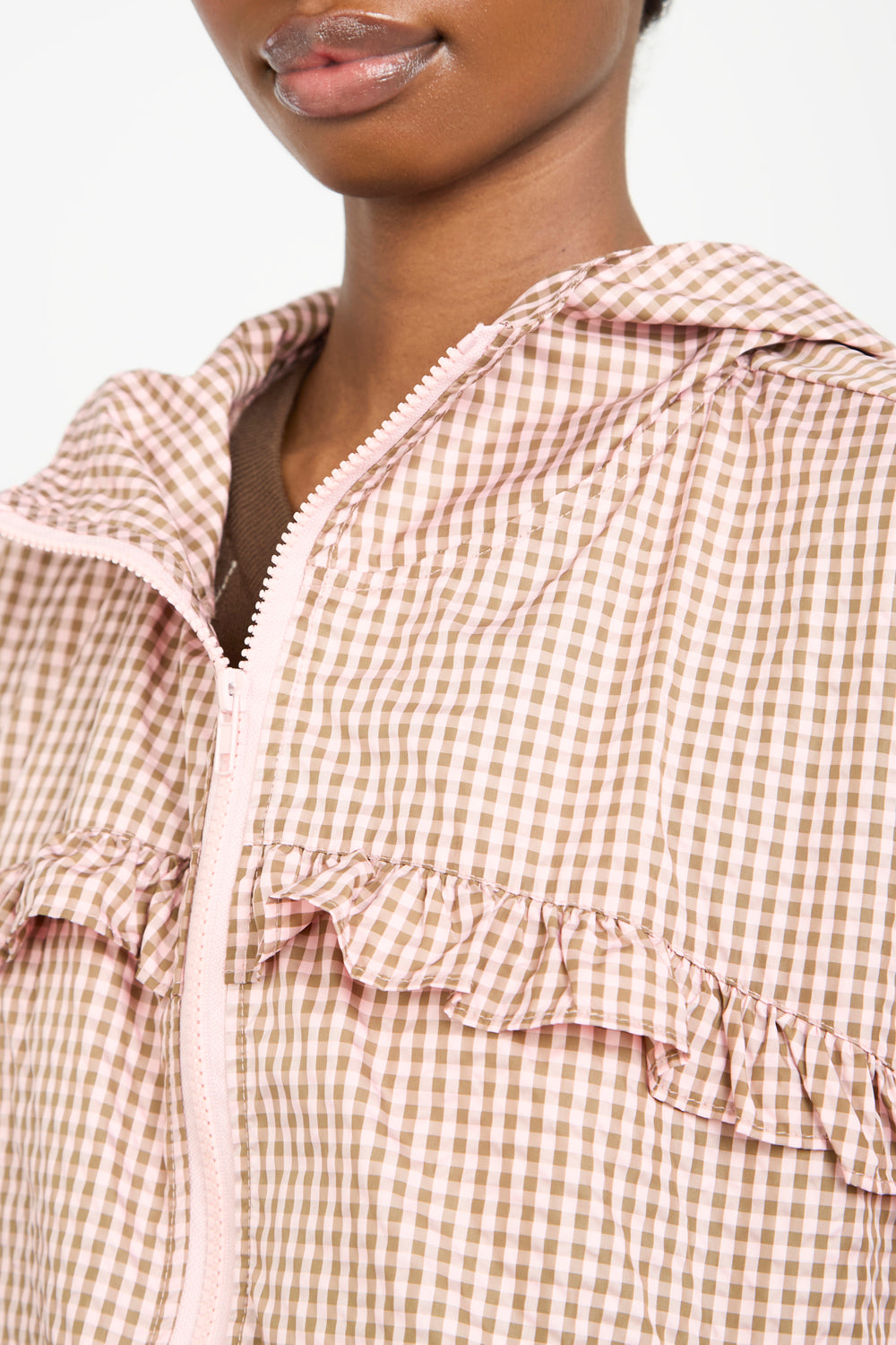 Pink and brown gingham frill hooded windbreaker_4