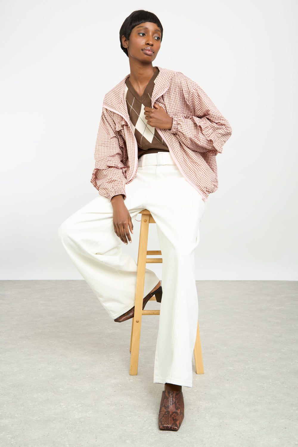 Pink and brown gingham frill hooded windbreaker_6