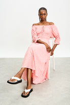 Pink and ivory ditsy floral off shoulder midi dress_5