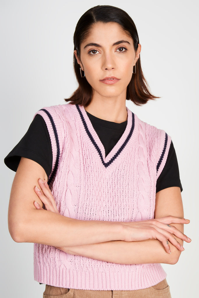 Pink and navy blue varsity trim sweater vest_1