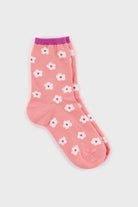 Pink and white fuzzy flower contrast trim socks_3