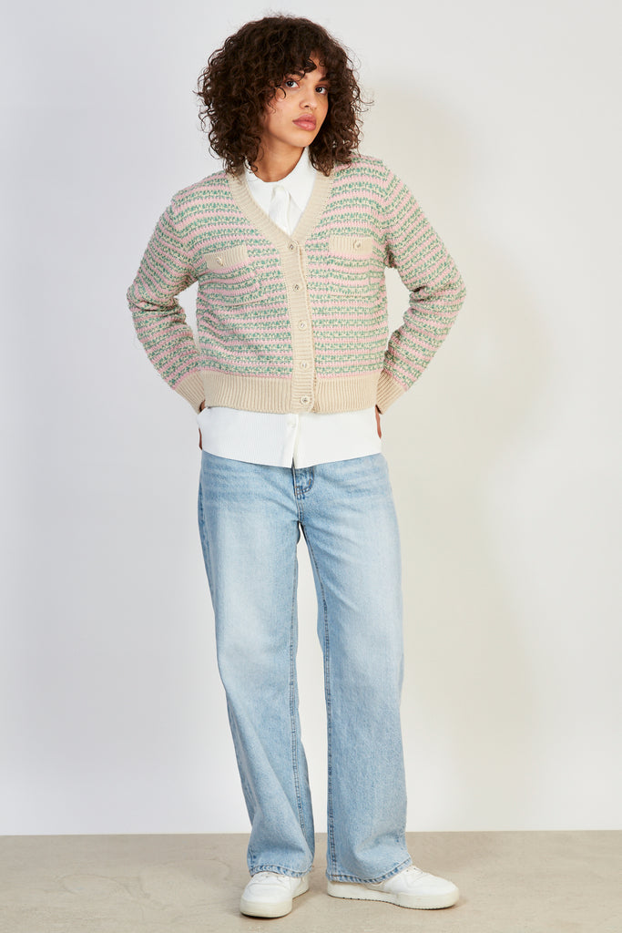 Pink green and beige mixed knit striped cardigan_5