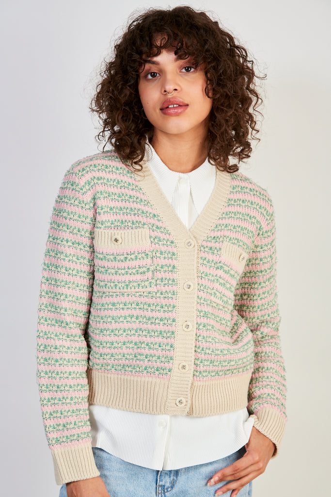 Pink green and beige mixed knit striped cardigan_2