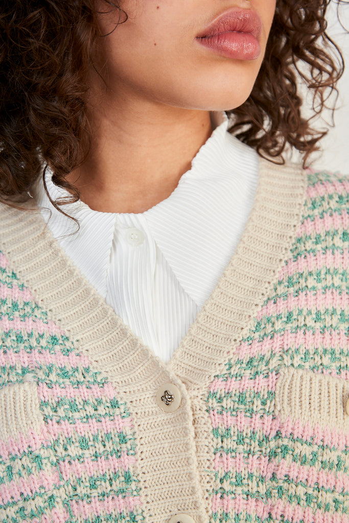 Pink green and beige mixed knit striped cardigan_4