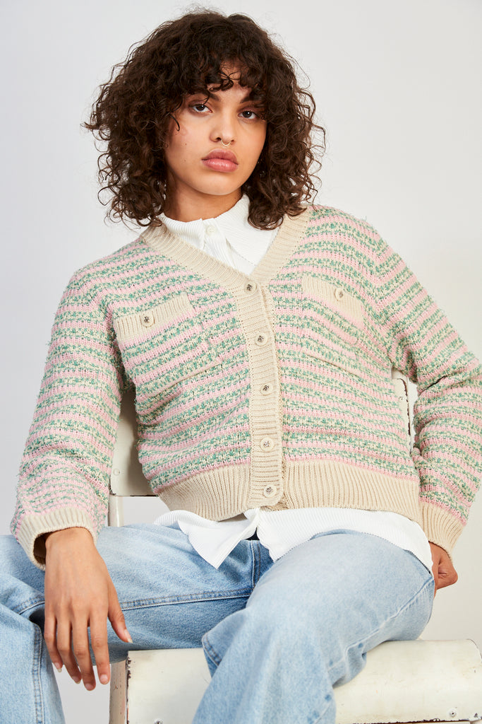 Pink green and beige mixed knit striped cardigan_1