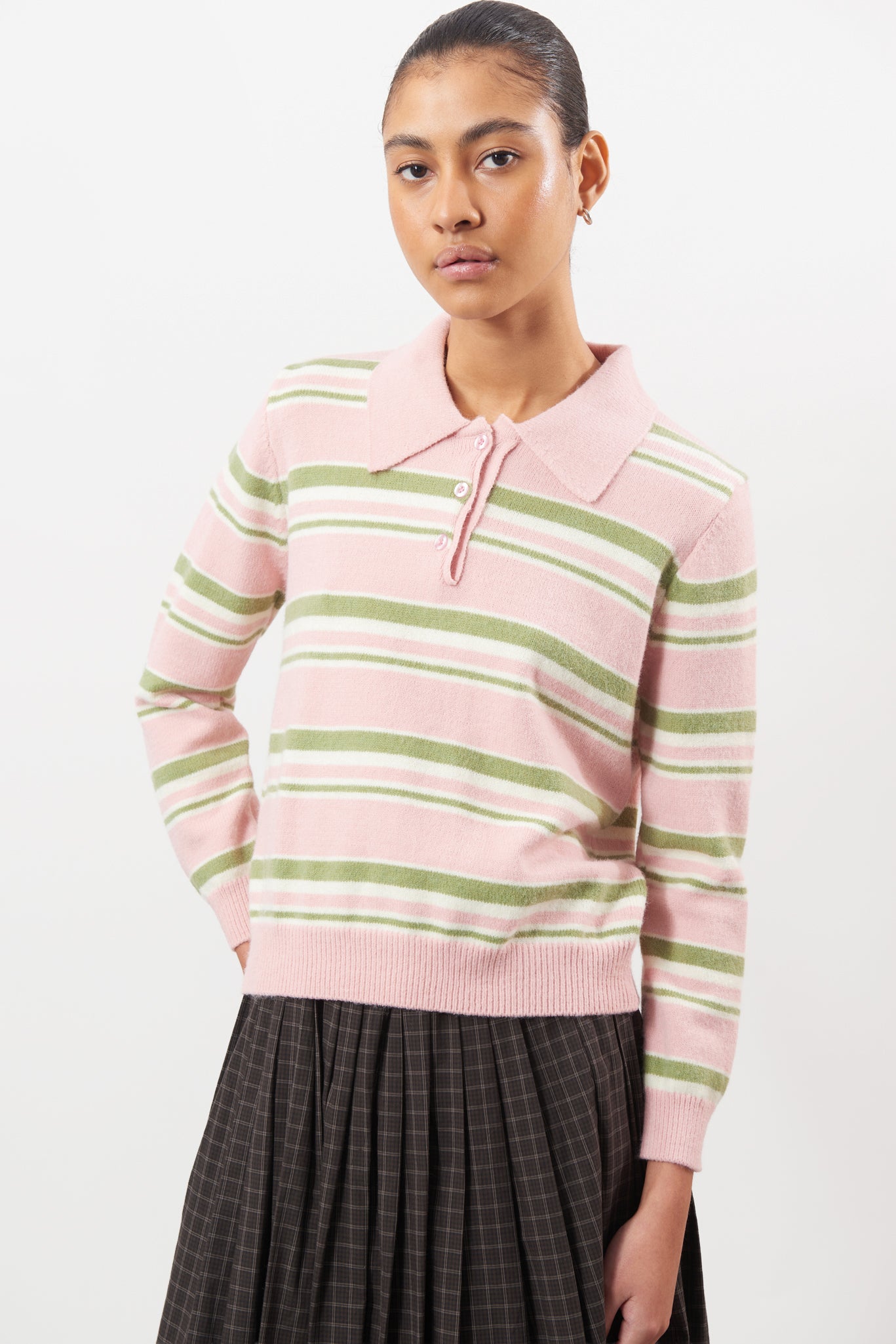 Pink green and ivory striped button up knit polo_1